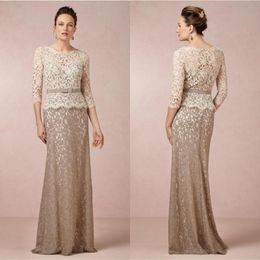 Elegant Lace Mother of the Bride Groom Dresses Custom Made Crew Neckline A-line Floor Length Formal Dress 3/4 Long Sleeves with Sash 1358