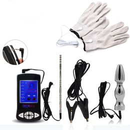 TENS Electro Sex Kit Penis Urethral Sounds Electronic Pulse Massager Vagina Anal Plug E-stim Gloves Electric Clamp for Men& Y191108