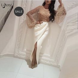 Pearls Beaded Lantern Sleeves Dubai Style Sheath Prom Dresses Sexual Luxury Evening Event Maxi Gown Vestidos de soiree Party Wear Gown Dress