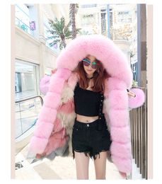maomaokong brand Luxury Pink fox fur trim Threshold pink Ice cream color rabbit fur liner pink long jackets snow parka cuff fur