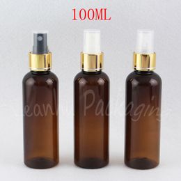 100ML Brown Round Shoulder Plastic Bottle With Gold Spray Pump , 100CC Empty Cosmetic Container , Toner / Water Packaging Bottle