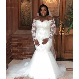 Off Shoulder Long Sleeves Plus Size Bridal Gown Sweep Train Trumpet Beaded African Vestidos De Novia Amazing Mermaid Lace Wedding Dresses