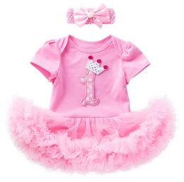 Newborn babies girls 1st 2nd birthday dress up one-piece rompers skirts tutus with headband toddler infant gifts party clothing set crown