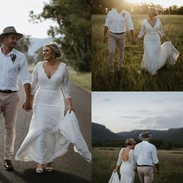 Simple Plus Size Wedding Dresses V Neck Lace Sweep Train Long Sleeve Wedding Gowns Custom Made Sexy Backless Beach Bridal Gowns 24