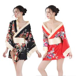 Traditional Women Japanese Kimono Sleepwear Sexy Deep V-neck Kimono Satin Floral Printed Nightwear Short Bath Robe