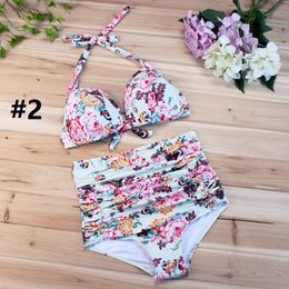 Fashion-swimwear for women Swimsuits Plus size Retro Floral Halter High Waist Bikini 2pcs set Carnival Swimsuit 50s Black Blue 2017 summer