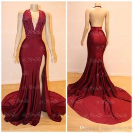New Sexy Arabic Burgundy Mermaid Prom Dresses Halter Lace Appliques Beads Sleeveless Side Split Open Back Party Evening Gowns Custom Made