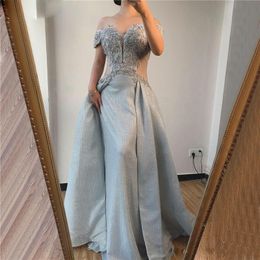 Sier Arabic Dubai Off Shoulder Sheath Evening Dresses Detachable Train Short Sleeve Beading Sequins Sexy Formal Dress Evning Prom Gwons