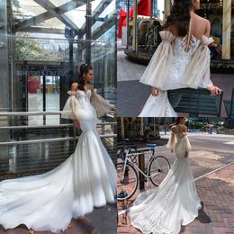 Mermaid Crystal Design Dresses with Detachable Sleeve Sheer Neck Lace Appliques Bridal Gowns Sweep Train Custom Wedding Dress