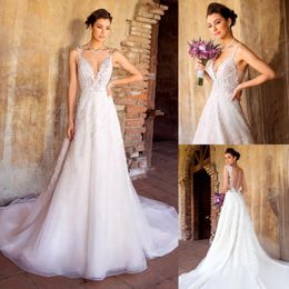 Graceful A Line Lace Wedding Dresses Deep V Neck Sleeveless Bridal Gowns See Through Buttons Back Sweep Train robe de mariée