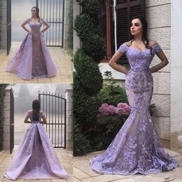 Vestidos formales de fiesta de sirena con apliques de encaje de lavanda con hombros descubiertos 2019 Vestidos de noche para ocasiones árabes de Dubai