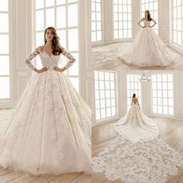 2020 Ball Gown Wedding Dresses V Neck Long Sleeves Lace Appliques Bridal Gowns Custom Made Button Back Long Train Wedding Dress