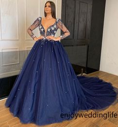 Navy Blue Beaded Long Sleeves Evening Dresses Sheer V Neck Sequined Evening Gowns Plus Size A Line Tulle Sweep Train Formal Dress