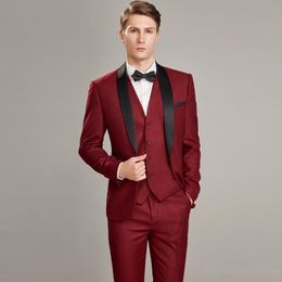 Wine Red Groom Tuxedos Black Lapel Groomsman Wedding 3 Piece Suit Fashion Men Business Prom Party Jacket Blazer(Jacket+Pants+Tie+Vest) 80