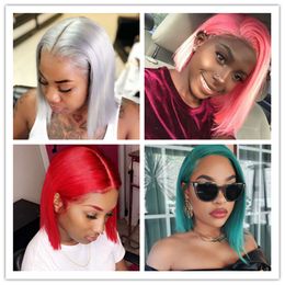 Lace Front Wig Blue Colored Remy Red Human Hair Full Ends Transparent Frontal Closure Swiss Lace Short Bob Wigs
