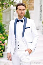 New Arrivals One Button White Groom Tuxedos Shawl Lapel Groomsmen Best Man Mens Wedding Suits (Jacket+Pants+Vest+Tie) D:132