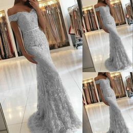 New Sexy Arabic Sier Mermaid Evening Dresses Off Shoulder Full Lace Appliques Beaded Sash Sweep Train Plus Size Prom Party Gowns