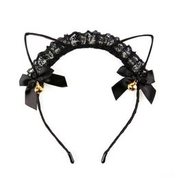 Black lace Cat Ear Headband Ribbon + Golden Bells Kawaii Kitty Cosplay Hair Band Hair Stick Event Halloween Christmas Easter headwear