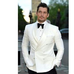 New Excellent Style Groom Tuxedos Double Breasted Ivory Shawl Lapel Groomsmen Best Man Suit Mens Wedding Suits (Jacket+Pants+Tie) 756