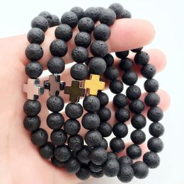 Natural Black Lava Stone Cross Bracelet DIY Aromatherapy Essential Oil Diffuser Bracelet for women Men