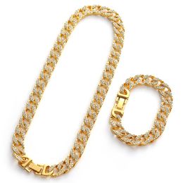 Hip Hop Iced Out Miami Cuban Link Chain for Mens Bling Crystal Rhinestone CZ Rapper Gold Silver Color Necklace Jewelry Bracelets