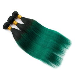 Dark Green Ombre Human Hair Bundles Straight #1B/Green Ombre Brazilian Hair Weaves Black Roots Green Ombre Virgin Hair 3Bundles Double Wefts