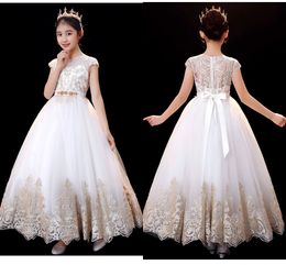 2020 Lovely Lace Formal Party Dresses Toddlers Flower Girl Dress With Short Sleeves Crystals Sashes Ribbon Princess Prom Dress Kids Little