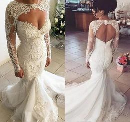 Mermaid Long Sleeves Wedding Dresses Gorgeous Appliqued Tulle Backless Garden Country Bride Bridal Gowns Custom Made Plus Size