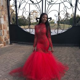 New Design Red African Mermaid Prom Dresses 2019 High Neck Long Sleeves Lace Appliques Court Train Formal Evening Gowns