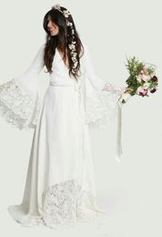 Beach Wedding Dresses Chic Boho Bohemian Long Bell Sleeve Lace Flower Bridal Gowns Plus Size Hippie Wedding Dress Custom made235D