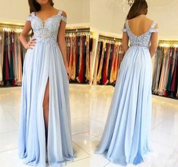 2020 Sky Blue Bridesmaid Dresses With Side Split Off The Shoulder Lace Appliques Chiffon Wedding Guest Dresses Cheap Maid Of Honour Gowns