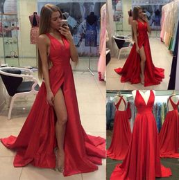 Red A-line Sexy Side Slit V Neckline Long Prom Dress with Sweep Train Satin Backless Formal Evening Party Gowns Real Picture High Quality