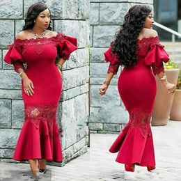 2019 New Cheap Red Cocktail Dresses Off Shoulder Lace Satin Puffy Long Sleeves Ankle Length Sheath Celebrity Prom Party Homecoming Gowns