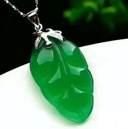 Genuine green chalcedony gold branch jade leaf pendant sweater chain s925 silver inlaid jade pendant Jewellery factory direct sales