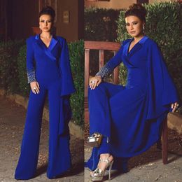 New Fashion Sapphire Blue Evening Dresses Rhinestone Pearls Prom Dress Long Sleeve Pants V Neck Special Occasion Dresses