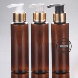 Free shipping (30pcs/lot)100ml Brown bright gold foil flat shoulder screw pump bottle,3.5OZ PET bottle cosmetics packaging