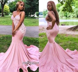 Pink Modest Mermaid Prom Dresses Spaghetti Straps Beaded Lace Applique Sweep Train Crystal Custom Made Evening Party Gowns