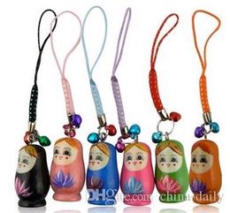 Free Ship 50 Pieces Mixed Matryoshka Russia Russian Nesting wood wooden Doll cell phone strap pendant Keychain Bell Kids Christmas Gift