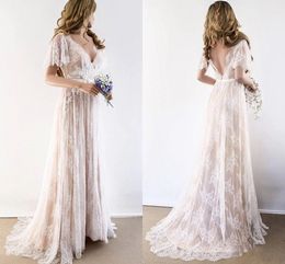 2022 Champagne Country Bohemian Wedding Gown Dresses V neck Short Sleeves Lace Backless Bridal Gowns Plus size