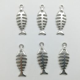 100pcs/Lot Fish Skeleton Alloy Charms Pendant Retro Jewelry DIY Keychain Ancient Silver Pendant For Bracelet Earrings Necklace 25*9mm