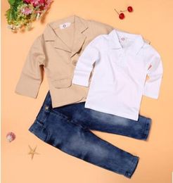 Hot - 3 sets of children's denim clothing set European fashion boy denim clothing set baby children's clothing boy jacket + polo shirt