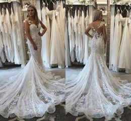 Slim Mermaid Wedding Dresses Sheer Neck Lace Appliques Bridal Gowns Illusion Button Back Sweep Train Wedding Dress