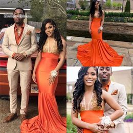 2020 Sexy African Orange V-neck Prom Dresses With Appliques Sleeveless Sweep Train Mermaid Evening Party Dress