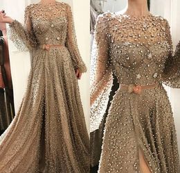 2019 Saudi Arabic Evening Dress Sheer Neck Beaded Long Poet Sleeves Holiday Women Wear Formal Party Prom Gown Custom Made Plus Size
