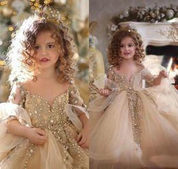 Lovely 2020 Flower Girls Dresses Multilayer Sweetheart Off The Shoulder Girls Wear For Wedding Pearls Rhinestone Girls Party Dress