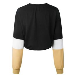 Fashion-harajuku Women Hoodies Long Sleeve Loose Crop Top Sweatshirt Hot Sale Casual Patchwork Colour Round Neck Elastic Waist Pullover
