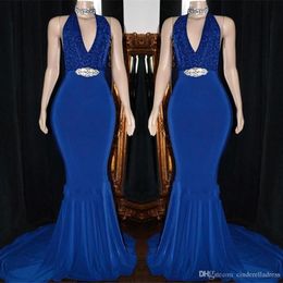 Arrival African New Sexy Royal Blue Mermaid Dresses Halter Neck Backless Long Prom For Black Girls Formal Dress Evening Wear mal