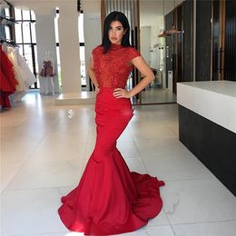 Long Red Mermaid Arabic Prom Dresses See Through Beading Lace Satin Formal Evening Gowns 2019 Customize Robe De Soiree