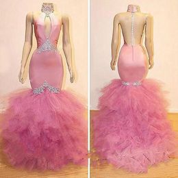 Sexy High Neck Sheer Mermaid Prom Dresses Evening Pink Beads African Long Sleeve Ruffle Pageant Arabic Vestido de noche Formal Party Gowns