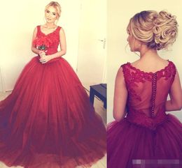 Dark Red Quinceanera Dresses Straps Lace Applique Covered Buttons Back Sweep Train Custom Made Sweet 16 Birthday Party Prom Ball Gown 403 403